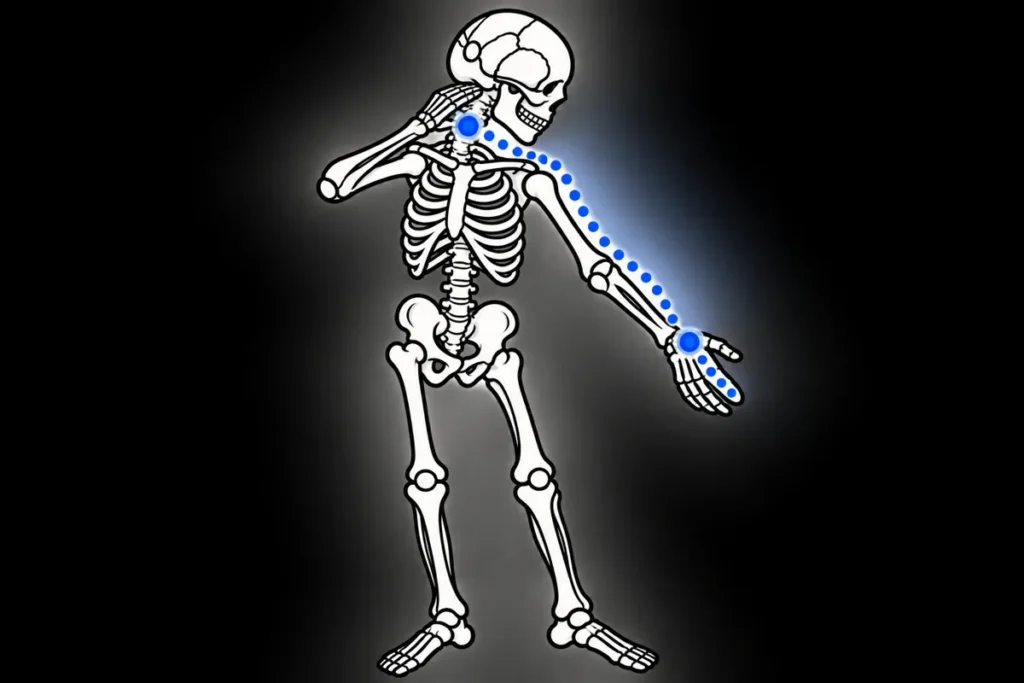 Ilustracja kościotrupa do tematu Rwa ramienna i ból promieniujący z szyi do ręki